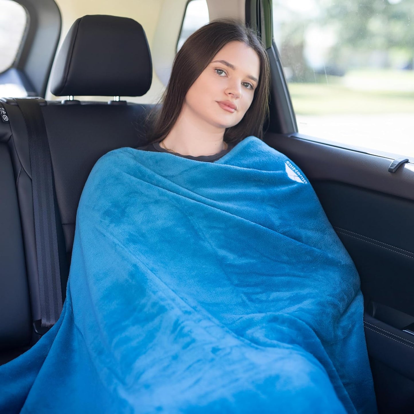 BlueHills Premium Soft Travel Blanket Pillow Airplane Blanket in Soft Bag case with Hand Luggage Belt and Carabiner Compact Pack Large Cozy Plane Car Train Teal Blue T022