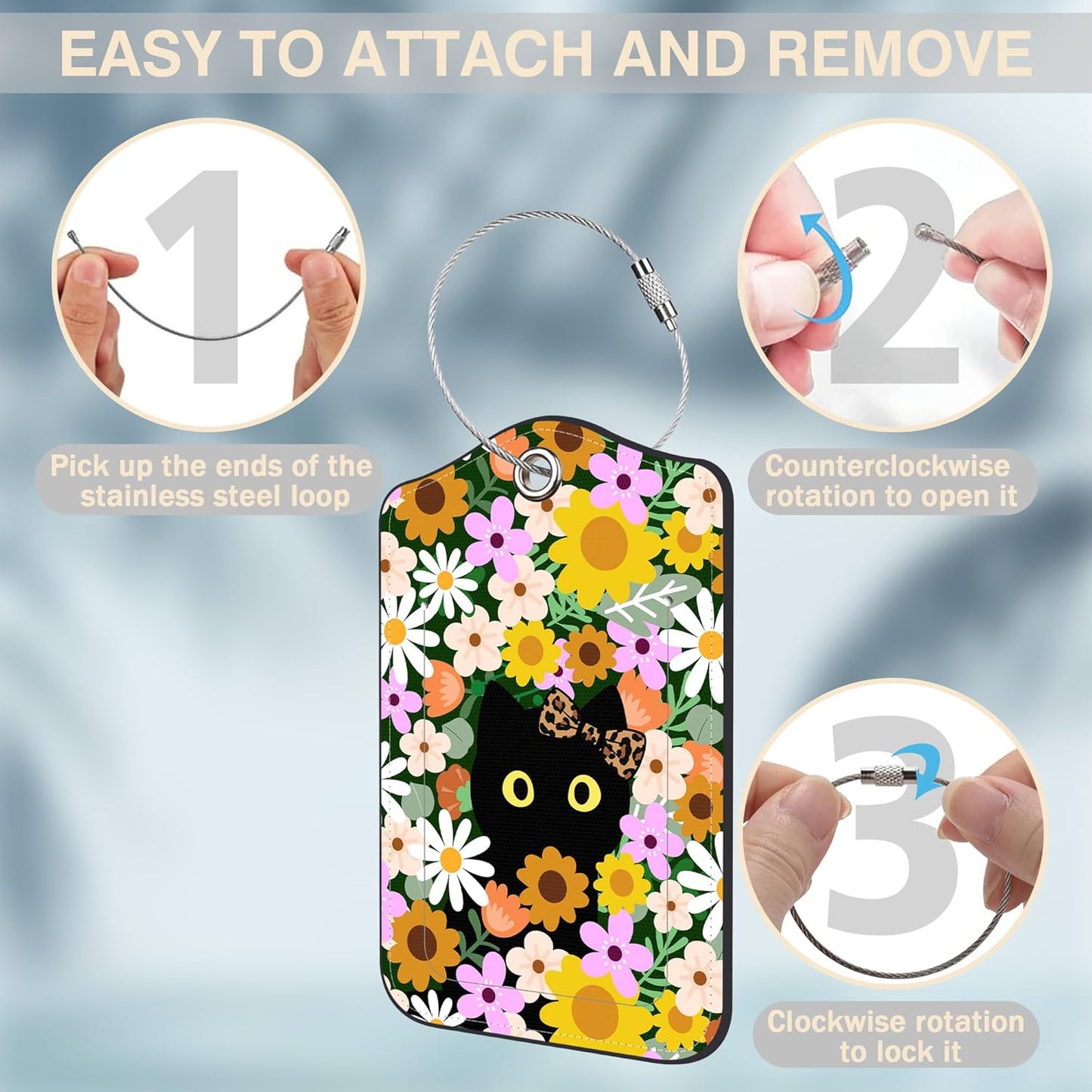 2 Pack Luggage Tags for Suitcases Cute Cat with Colorful Flowers Leather Luggage Tags Privacy Cover ID Label with Stainless Steel Loop and Address Card for Women Men Travel Bag Backpack