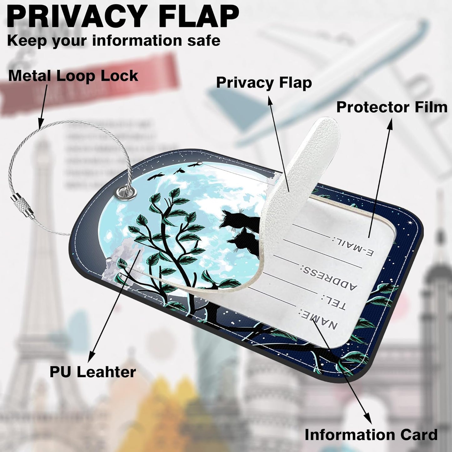 2 Pack Luggage Tag for Suitcase Cat Under The Moon Leather Suitcase Tags with Privacy Name ID Label and Stainless Steel Loop for Travel Bag