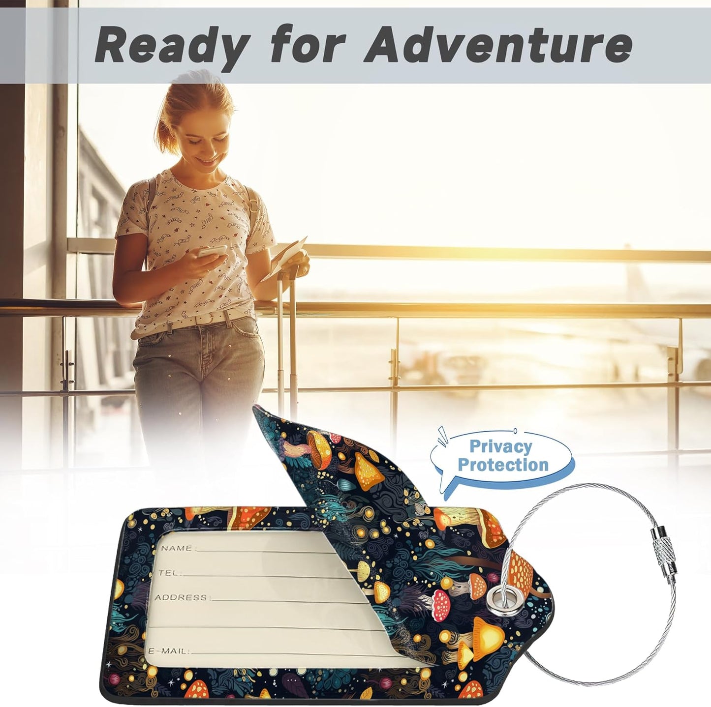 Retro Mushrooms Luggage Tags, 2 Pack Travel Cruise Tags for Suitcases,Cute Identifiers with Privacy Flap, Baggage Tags for Women Men Handbag