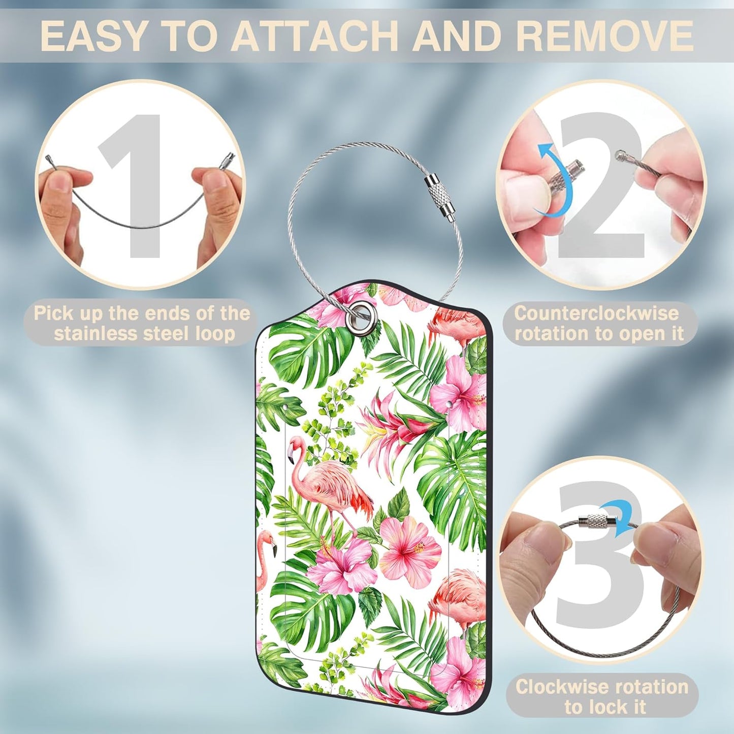 2 Pcs Pink Flamingo Luggage Tags for Suitcases Tropical Flowers and Palm Leaves PU Leather Baggage Tags Name ID Label with Privacy Cover and Stainless Steel Loop for Men Women Travel Bag Suitcase