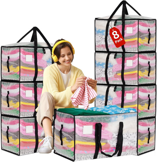Moving Bags Heavy Duty Extra Large, Alternative for Moving Boxes & Moving Supplies,Clear Storage Bins with Lids, Plastic Packing Tote, Storage Bags for Clothes with Handles & Zippers(Clear, 8 Pack)