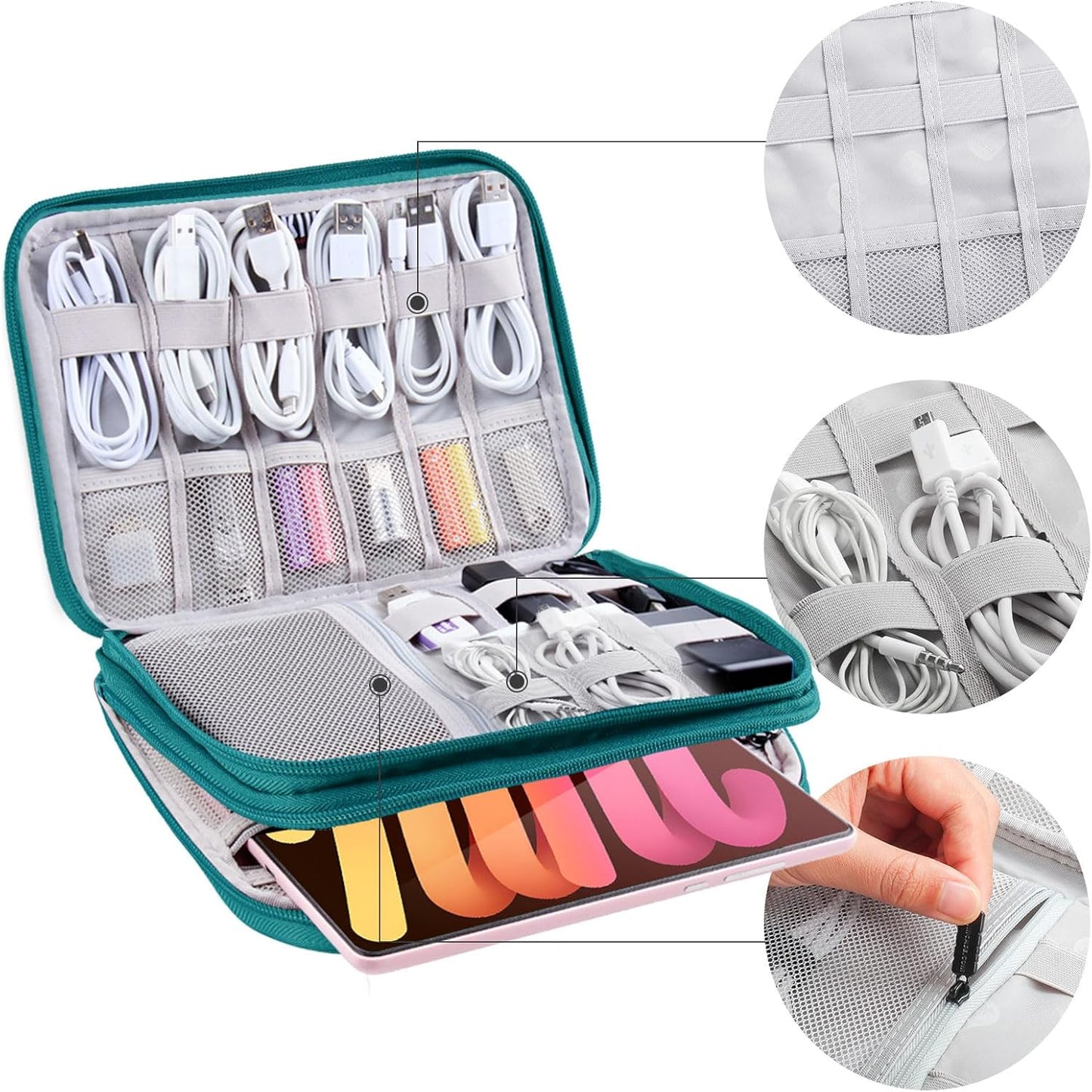 Electronics Organizer,Travel Cable Organizer Bag,Water Resistant Double Layers Pouch for Cable,Cord,iPhone,iPad Mini,Gift for Men Electronic Accessories Storage Case with 5 Cable Ties,Green