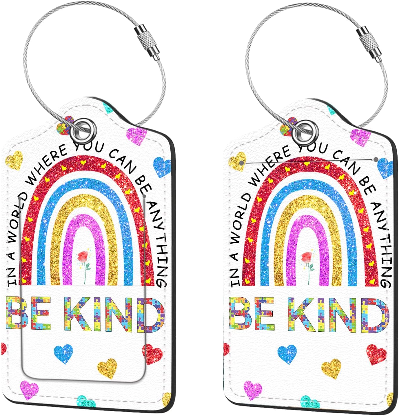 2 Pcs Luggage Tags for Suitcases, PU Leather Cruise Ship Luggage Tags with Privacy Cover Label Address Card and Durable Metal Ring Suitable for Men Women Handbags Backpacks Schoolbag,Rainbow