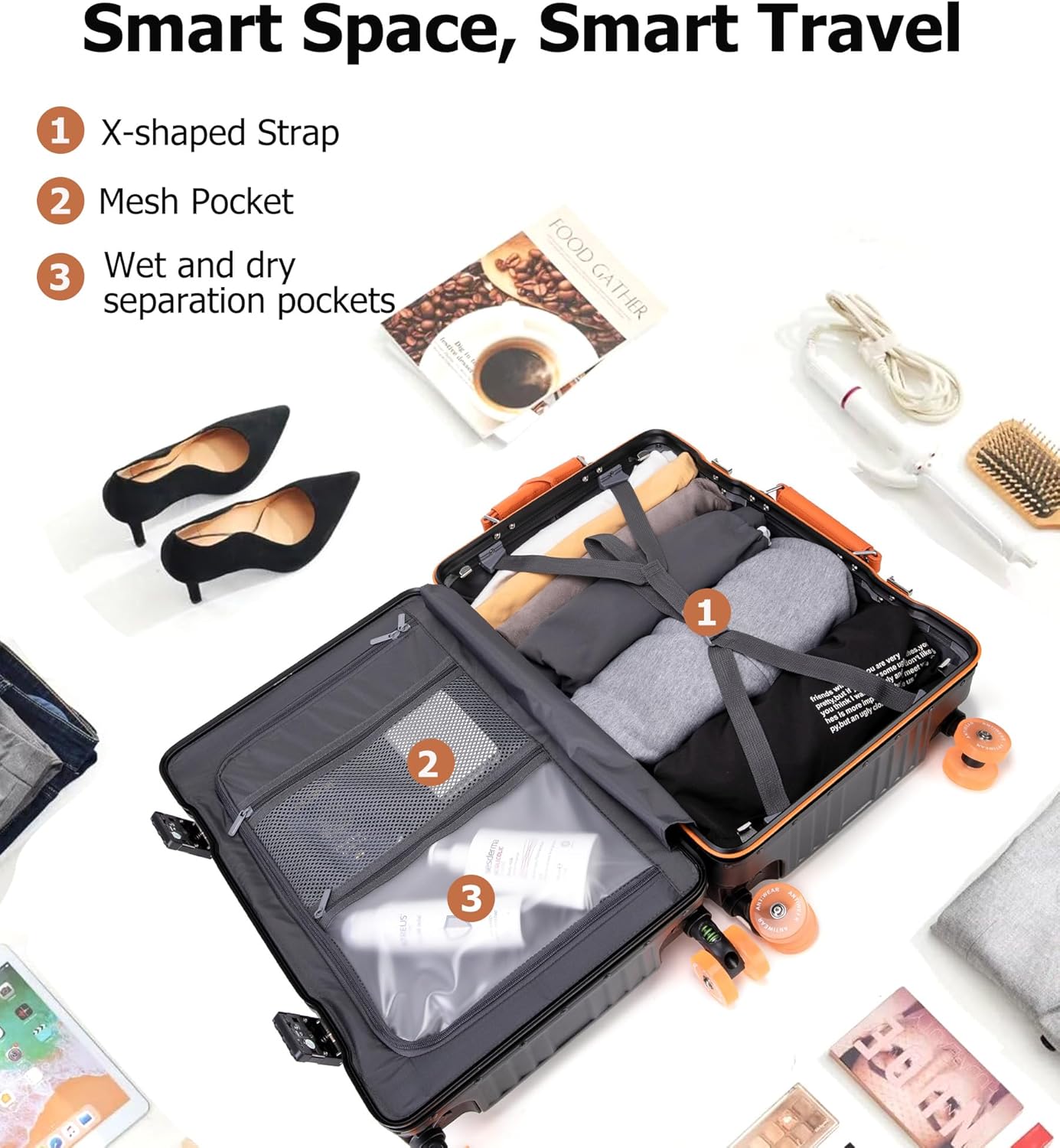 feilario 20" Aluminum Frame Wide Handle Hard Shell Carry On Suitcase - Vivid Colors Double Spinner Wheels Airline Approved Rolling Luggage with TSA Lock & Cup Holder (Black, 20in)