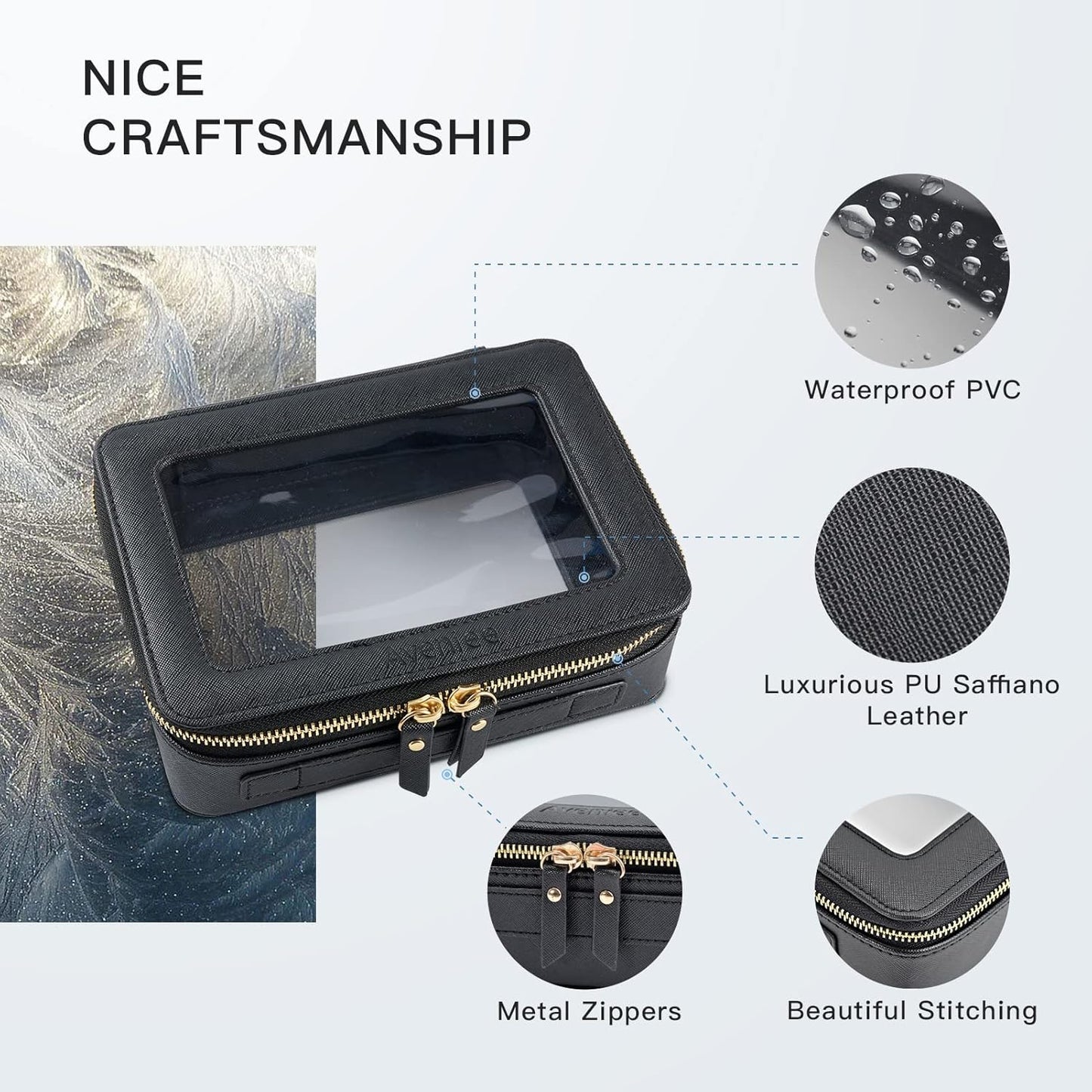 Aveniee Clear Makeup Bag Organizer,Large Travel Toiletry Bag for Women, Waterproof Cosmetic Pouch with Zippers,Car Organizers and Storage Case for Accessories,Black