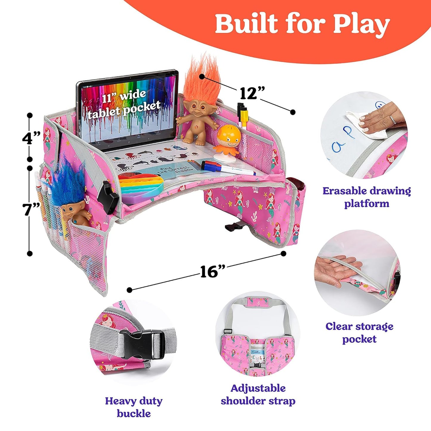 PILLANI Kids Travel Tray for Car - Car Seat Tray for Kids, Road Trip Essentials & Must Haves, Carseat Table Roadtrip Activities - Toddler Lap Desk Organizer for Airplane