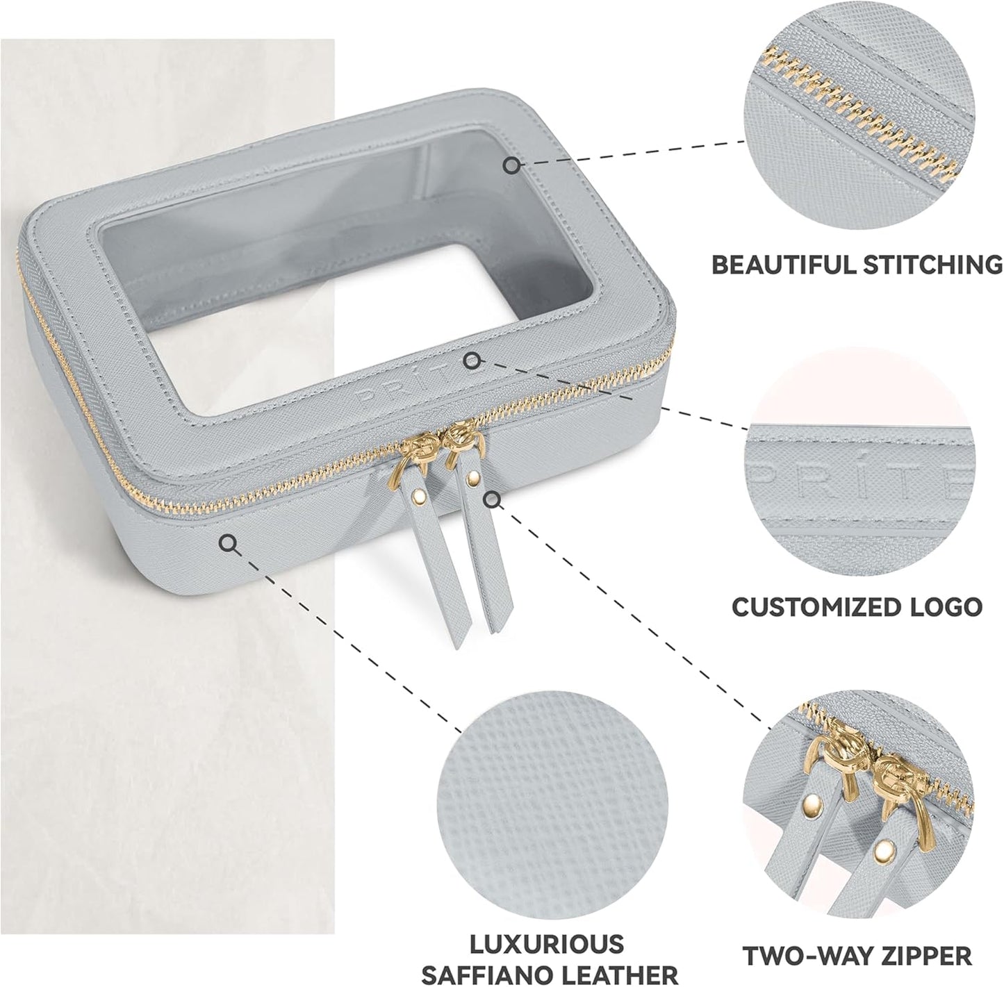 Prite Clear Makeup Bag Cosmetic Organizer Case Waterproof Travel Toiletry Bag Skincare Pouch with Golden Zipper(Grey)