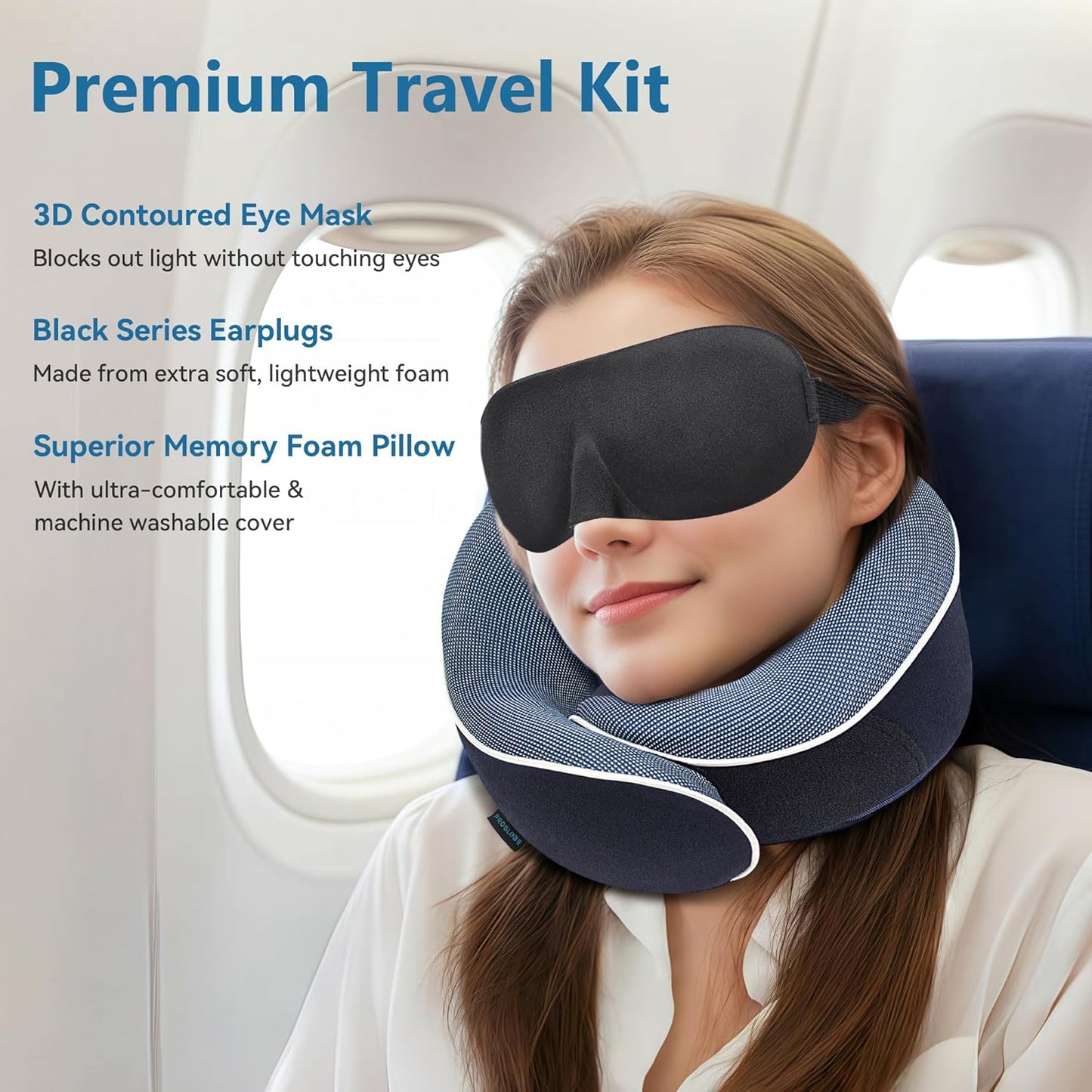 Orthopedic Neck Pillow Travel Neck Pillows for Airplanes, Memory Foam Kit, Updated Resting Material, Airplane Travel Set with 3D Contoured Eye Masks, Earplugs, and Luxury Mesh Bag (Blue)