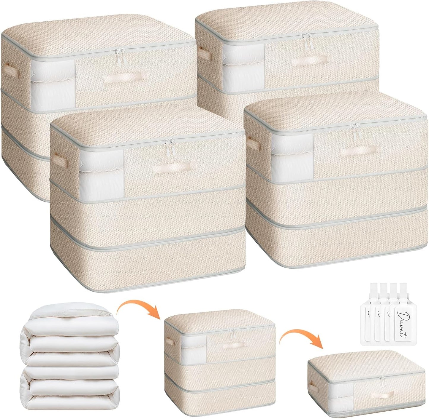 4 Pack Compression Storage Bags - 110L Large Capacity Comforter Storage Bag, 3-Layer Washable Ultra Space Saving Self Compression Organizer Space Bags for Blankets, Sweaters, Sheets, Beige