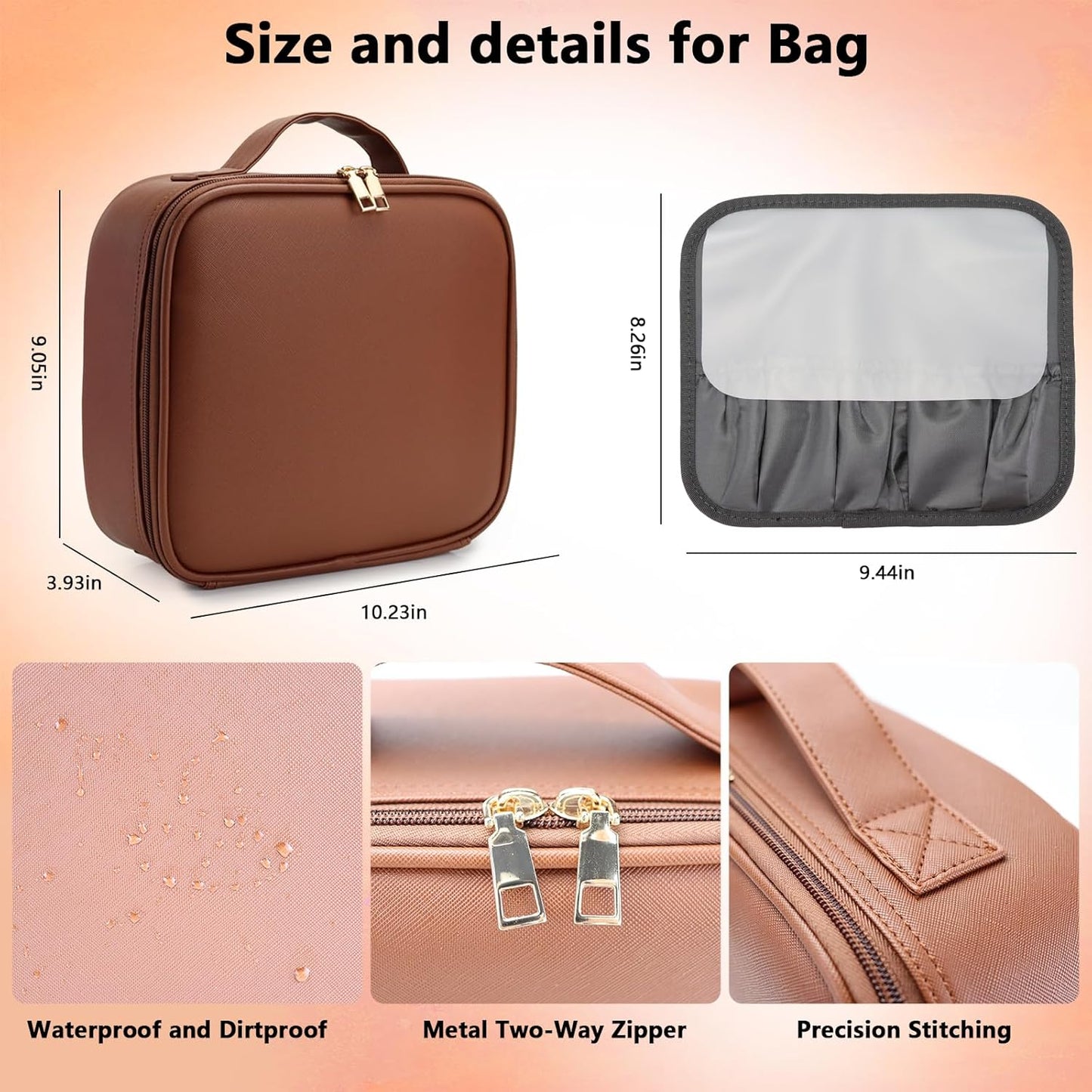 Travel Makeup Bag with LED Mirror Travel Makeup Organizer with 3 Lighted Settings, Adjustable Dividers and Makeup Brush Storage Bag Dark Brown