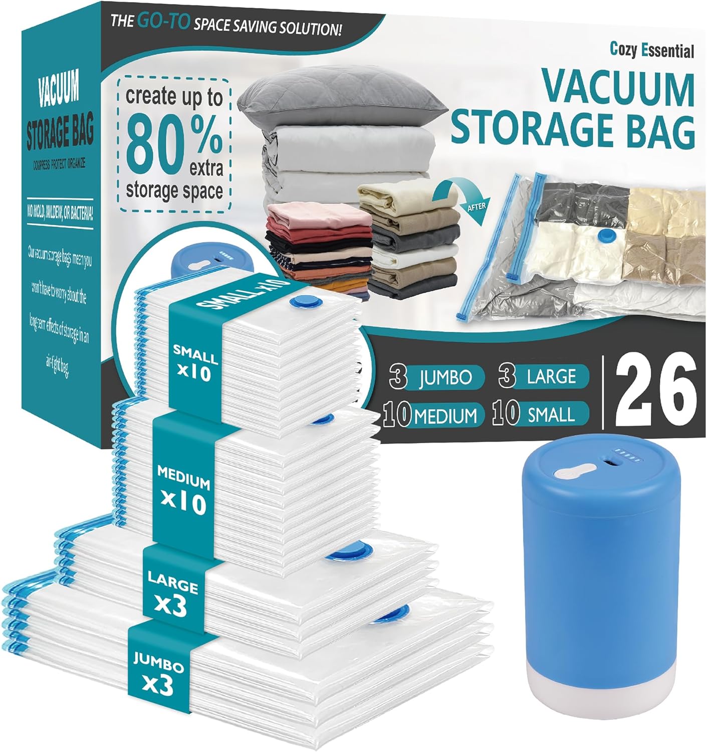 Cozy Essential 26 Pack Vacuum Storage Bags with Portable Electric Pump, Vacuum Seal Space Saver Bags for Clothing, Pillows, Blanket, Bedding, Comforters