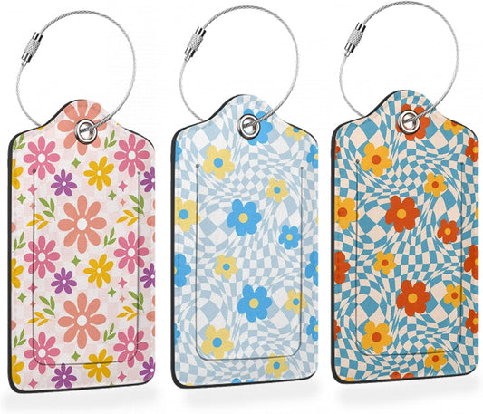 3 Pcs Luggage Tag for Suitcases,Flowers Hippie Wavy Swirl Checkered Leather Baggage Tags Identifiers for Travel,Privacy Protection Travel Bag Labels Suitcase Tags for Women Men