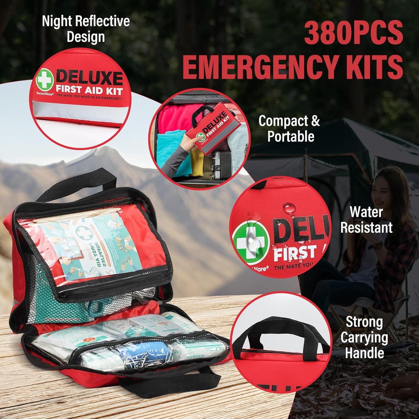 380 Pieces Deluxe First Aid Kit Compact Trauma Medical Kits with Assorted Bandages, Instant Cold Pack, Emergency Blanket for Home, Travel, Camping, Vehicle, Emergency Kits(Red)