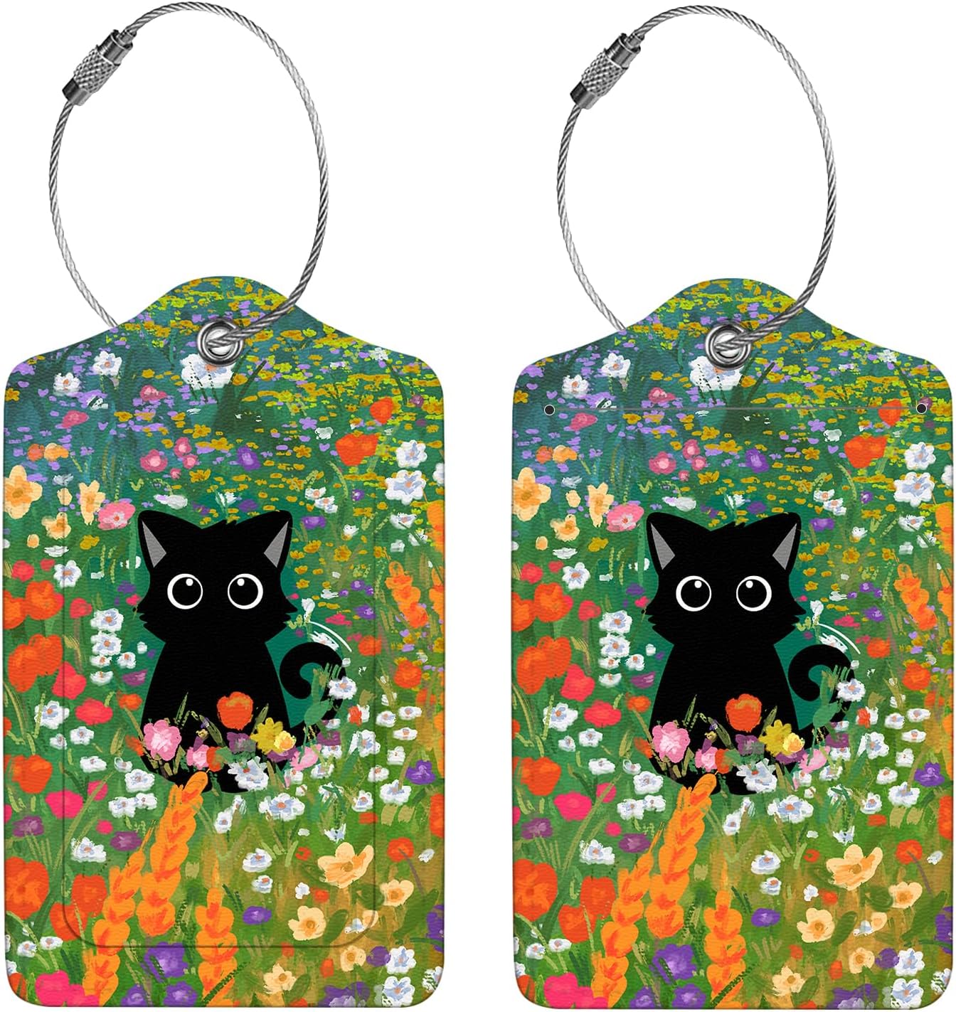 2 Pcs Luggage Tags for Suitcase, Cute Unique PU Leather Travel Bag Tag with Privacy Cover ID Label Address Card and Durable Metal Ring Suitable for Men Women Children Backpack,Black Cat On A Flower