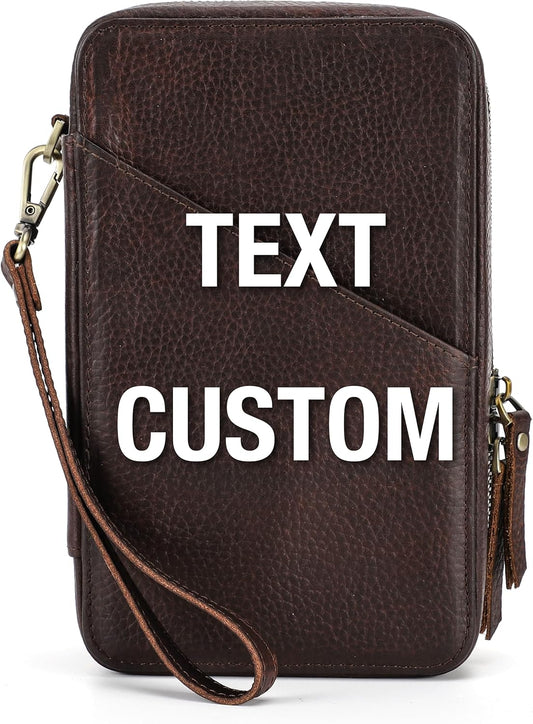 Top Grain Leather Text Custom Electronic Organizer Zipper Bag Tech Pouch, Handmade, Portable Compact Travel Storage Cases for Phone, USB Cables, Power Banks, Chargers, Hard Drive