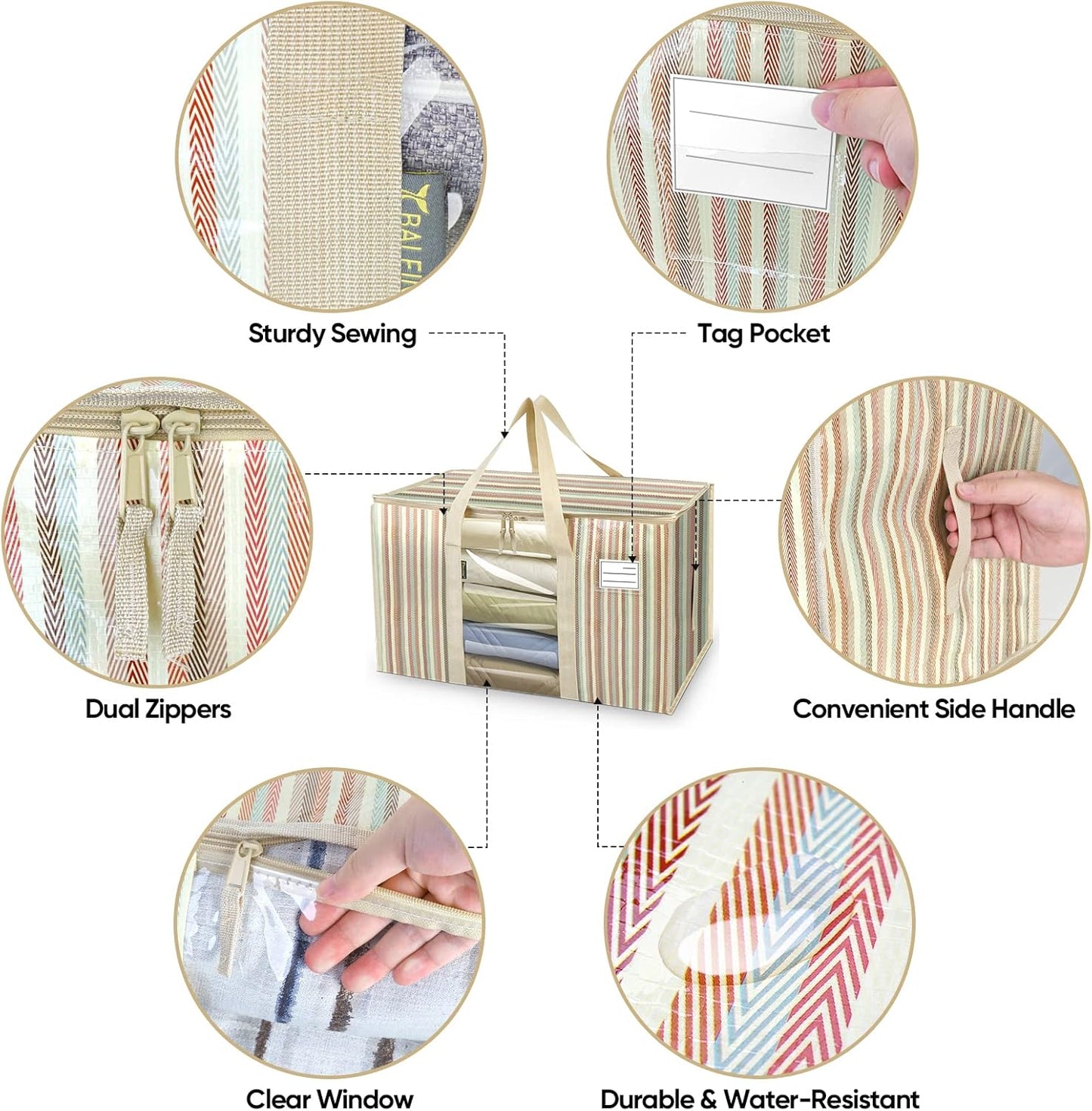 BALEINE 8-Pack Oversized Moving Bags with Reinforced Handles, Heavy-Duty Storage Tote for Clothes, Moving Supplies (Color Stripe with Window, 8-Pack)