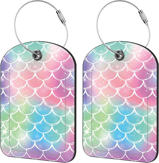 2 Pack Cute Luggage Tag for Suitcases Tie-dye Fish Scale Leather Luggage Tags with Stainless Steel Loop Privacy Flap Name Tags,Men and Women Travel Bag Suitcase Tags