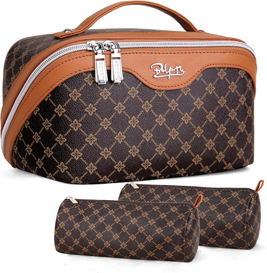 BOYATU Travel Makeup Bag Cosmetic Bags for Women: 3 Pcs Set Large Portable Make up Bag with Handle - Vegan Leather Toiletry Bags with Compartments - Makeup Organizer for Travel Essentials(01-Coffee)