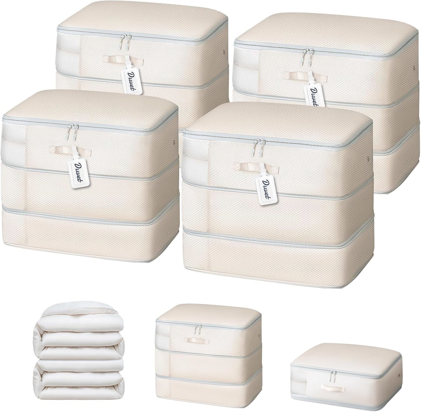 DIMJ Comforter Storage Bag - Large Capacity Ultra Space Saving Self Compression Organize for Duvet, Pillow, Bedding, Blanket Storage Organizer Nylon Compression Bags, Beige, 4 Pack