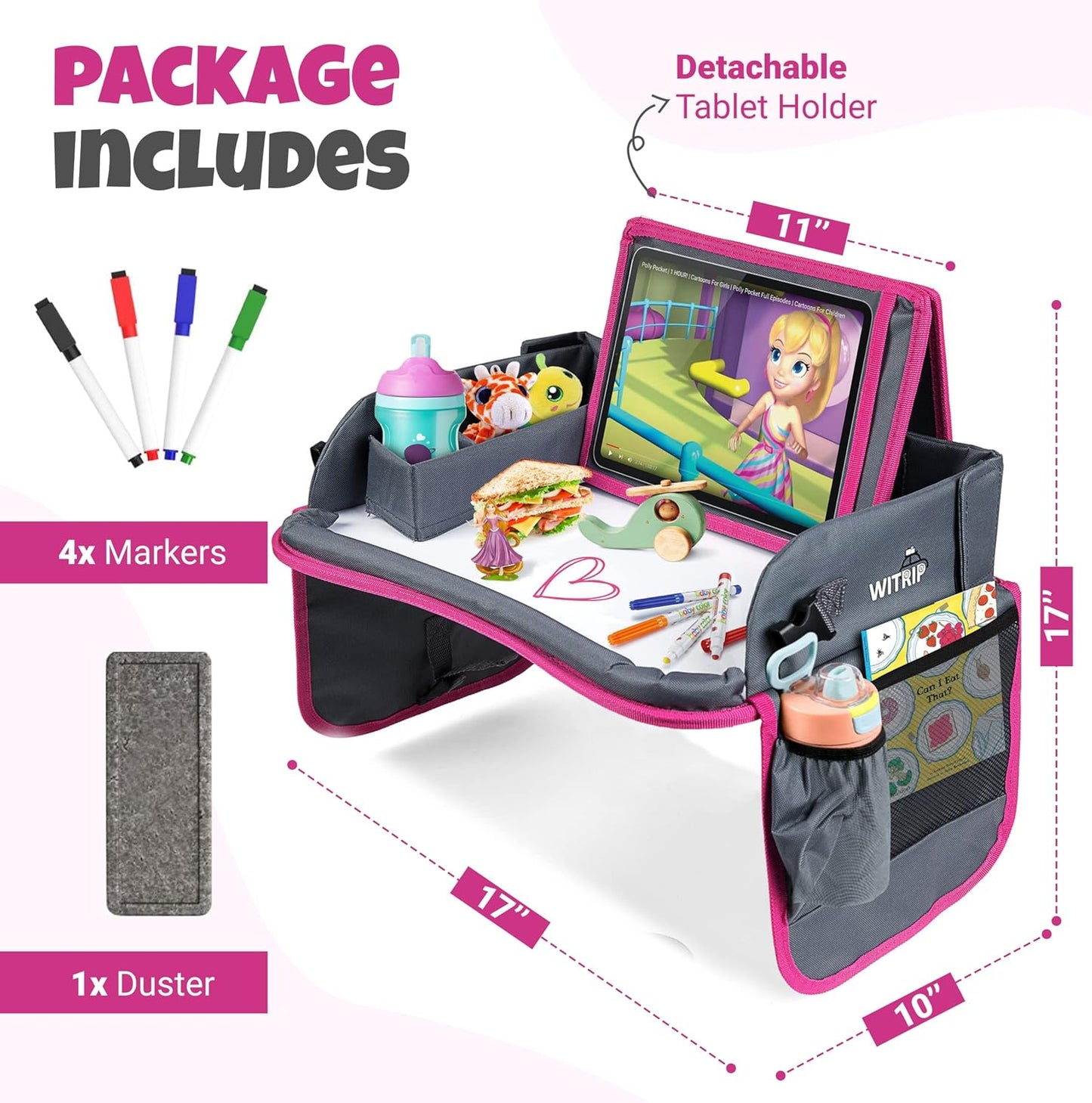Kids Travel Tray with Dry Erase Board - Car Seat Tray for Kids Travel, Carseat Table Top for Toddler, Lap Desk for Car Seat, Activity Organizer & Snack Holder, Road Trip Essentials for Kid (Pink)