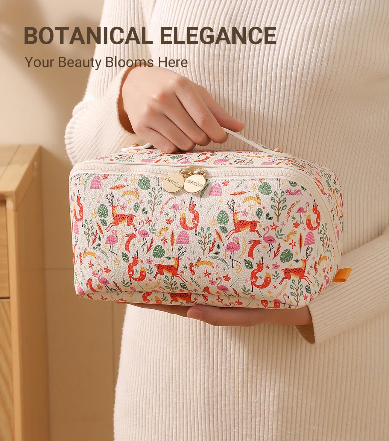 Aveniee Travel Makeup Bag for Women, Large Cosmetic Organizer with Open-Flat Design, Clear Divider & Handle - Waterproof PU Leather Toiletry Pouch