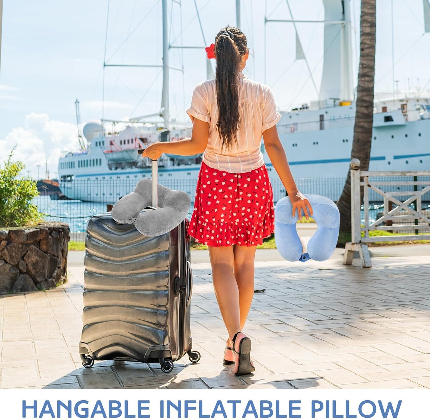 Sintuff 2 Pack Inflatable Travel Pillow for Airplanes Inflatable Neck Flight Pillows with Compact Bag and Blindfold for Traveling, Airplane, Train, Car, Office(Light Gray and Sky Blue)