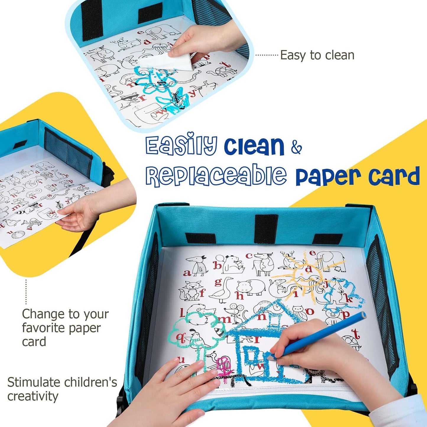 BUENAVO [New Version] Car Seat Organizer Kids Travel Tray for Kids Toddlers Activities in Car Seat, Stroller, Airplane | Waterproof Dry Erase Top | Side Pocket & Water Bottle Holder