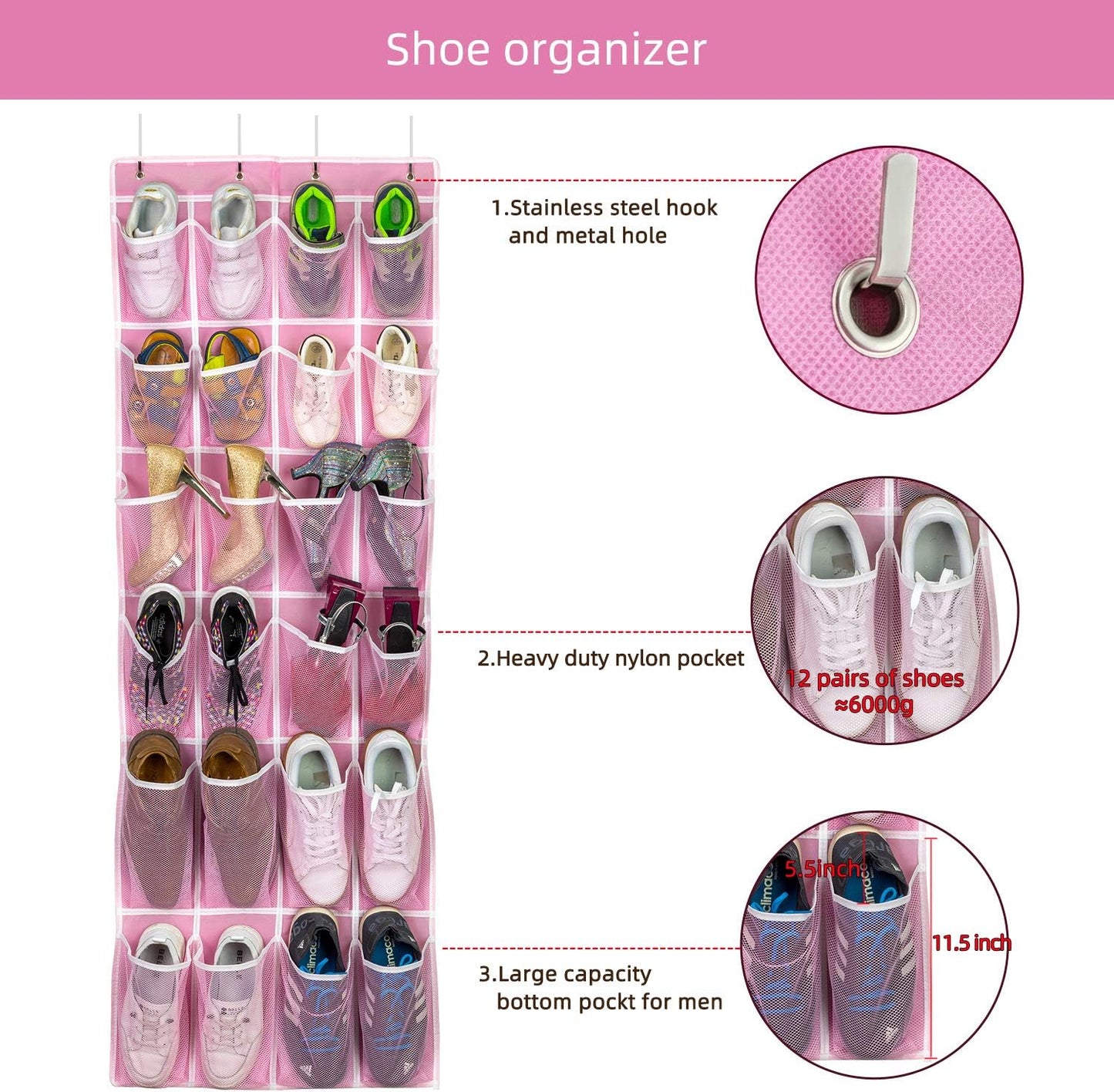 Hanging Shoe Organizer 2Pack, Over The Door Shoe Rack with 24 Mesh Pockets - Pink (2pack), Size: 58x21 Inch