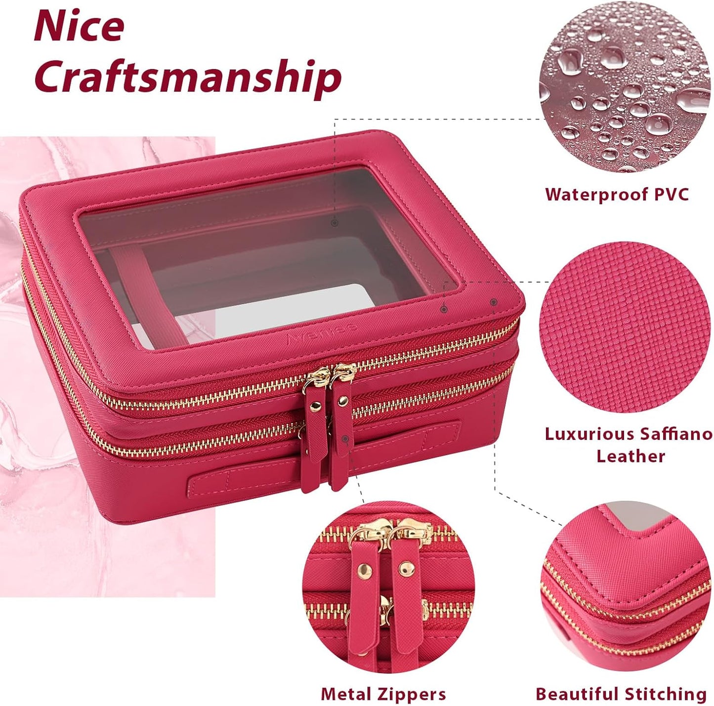 Aveniee XL Clear Makeup Organizer,Double Layer Travel Cosmetic Case with Brush Holder & Zippered Compartments,Big Toiletry Bag for Travel Accessories,2 Layers Large,Hotpink