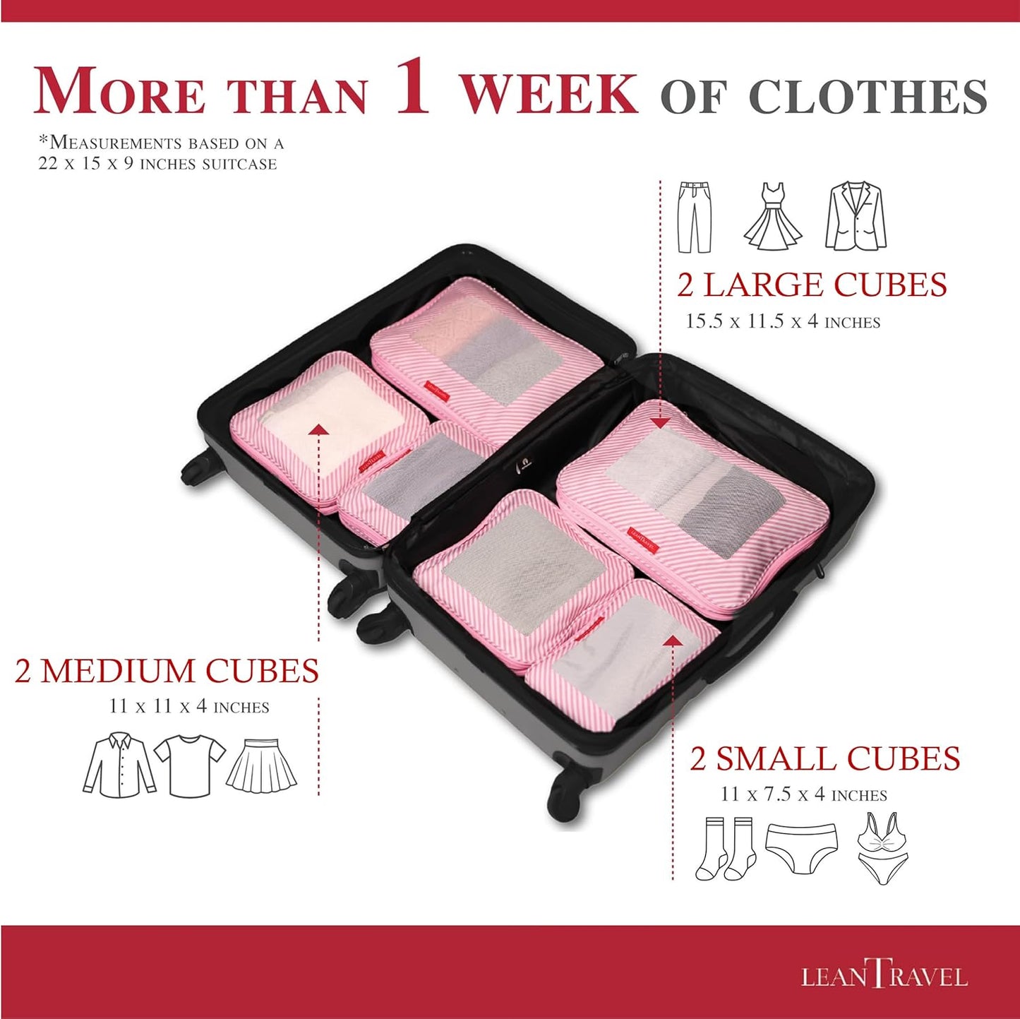 LeanTravel Compression Packing Cubes for Travel Organizers with Double Zipper (6-Pack (2L+2M+2S), Pink Stripes)