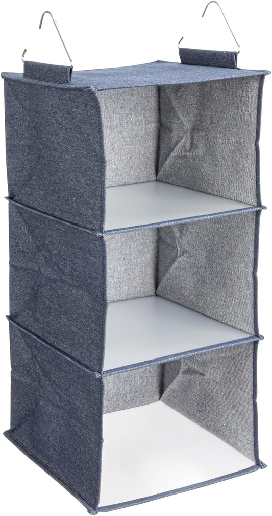 Household Essentials Hanging Cotton Blend Closet Organizer with 3 Storage Shelves, Denim
