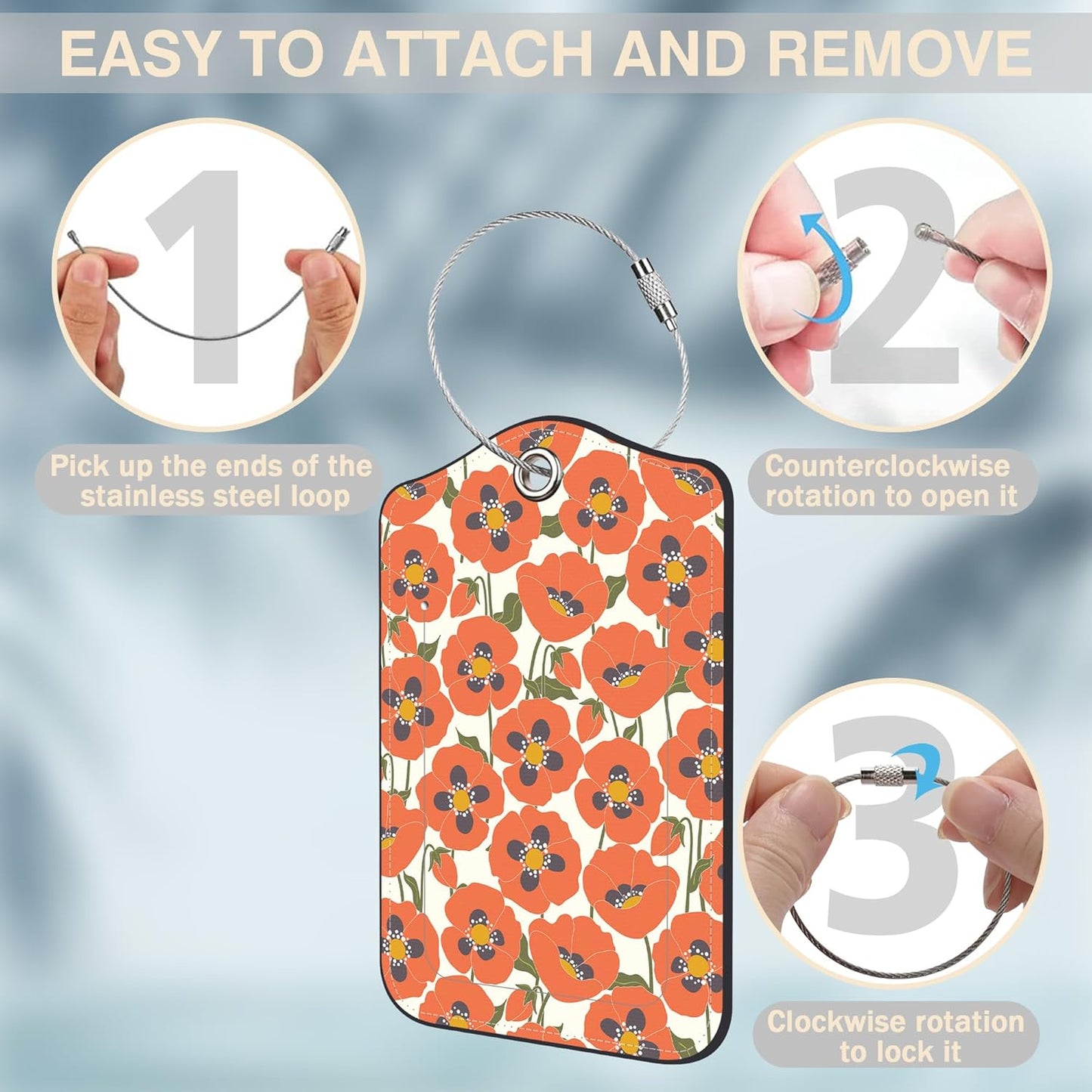 2 Pack Luggage Tags for Suitcases Orange Flowers Leather Luggage Tags Privacy Cover ID Label with Stainless Steel Loop and Address Card for Women Men Travel Bag Backpack