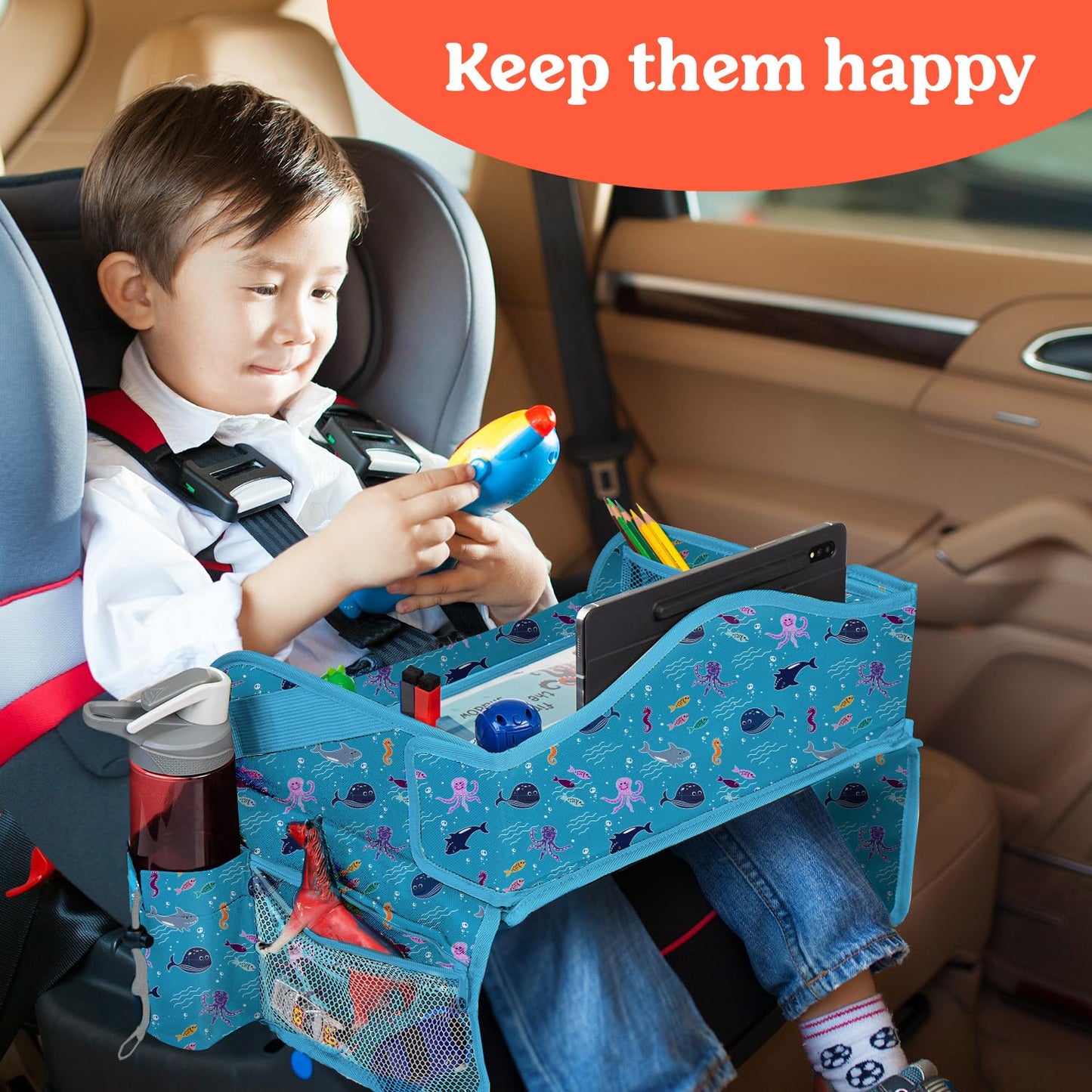PILLANI Kids Travel Tray for Car - Car Seat Tray for Kids Travel, Road Trip Essentials Must Haves - Carseat Table Roadtrip Activities - Toddler Lap Desk Organizer for Airplane - Kids Travel Essentials
