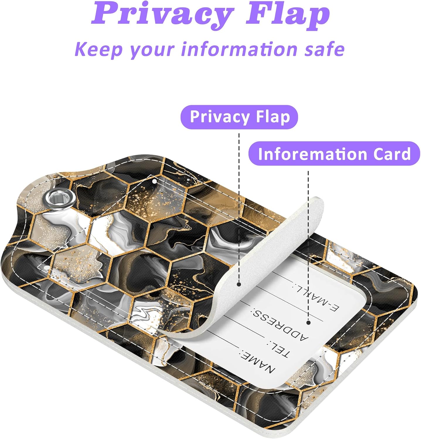 Gold Ink Hexagon Texture Luggage Tags 2PCS PU Leather Suitcases Tag with Stainless Steel Loop and Privacy Name Address Cover Label Card for Women Men Travel