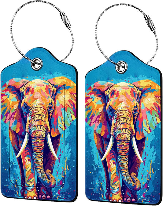 Colorful Elephant 2-Pack Luggage Tags for Suitcases,Leather Baggage Tag with Loop, Tags Private Name ID Labels for Women Girl Men Boys Travel Baggage Suitcase