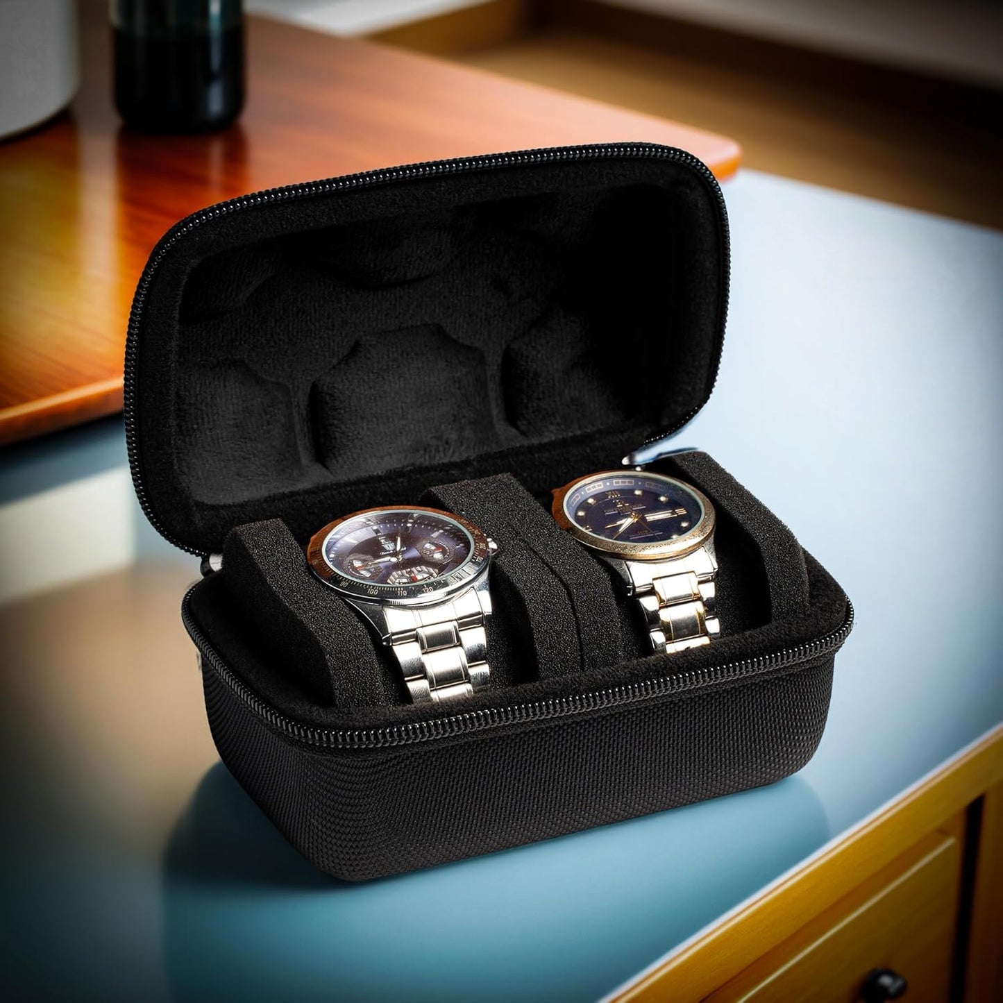 2 slot Hard Watch Travel Case, Watch Roll Case Storage and Organizer for Men and Women, with anti-move watch pillow (Black fabric 2 slot)