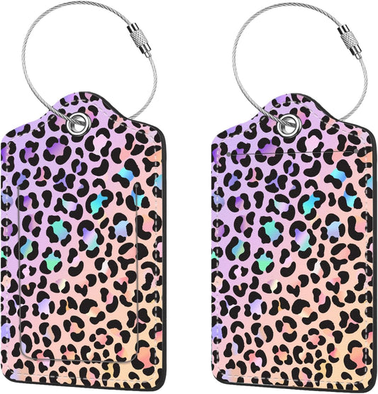 2 Pcs Luggage Tags for Suitcases,PU Leather Cruise Ship Luggage Tags with Privacy Cover Label Address Card and Durable Metal Ring Suitable for Men Women Children Handbags Backpacks,Gradient Leopard