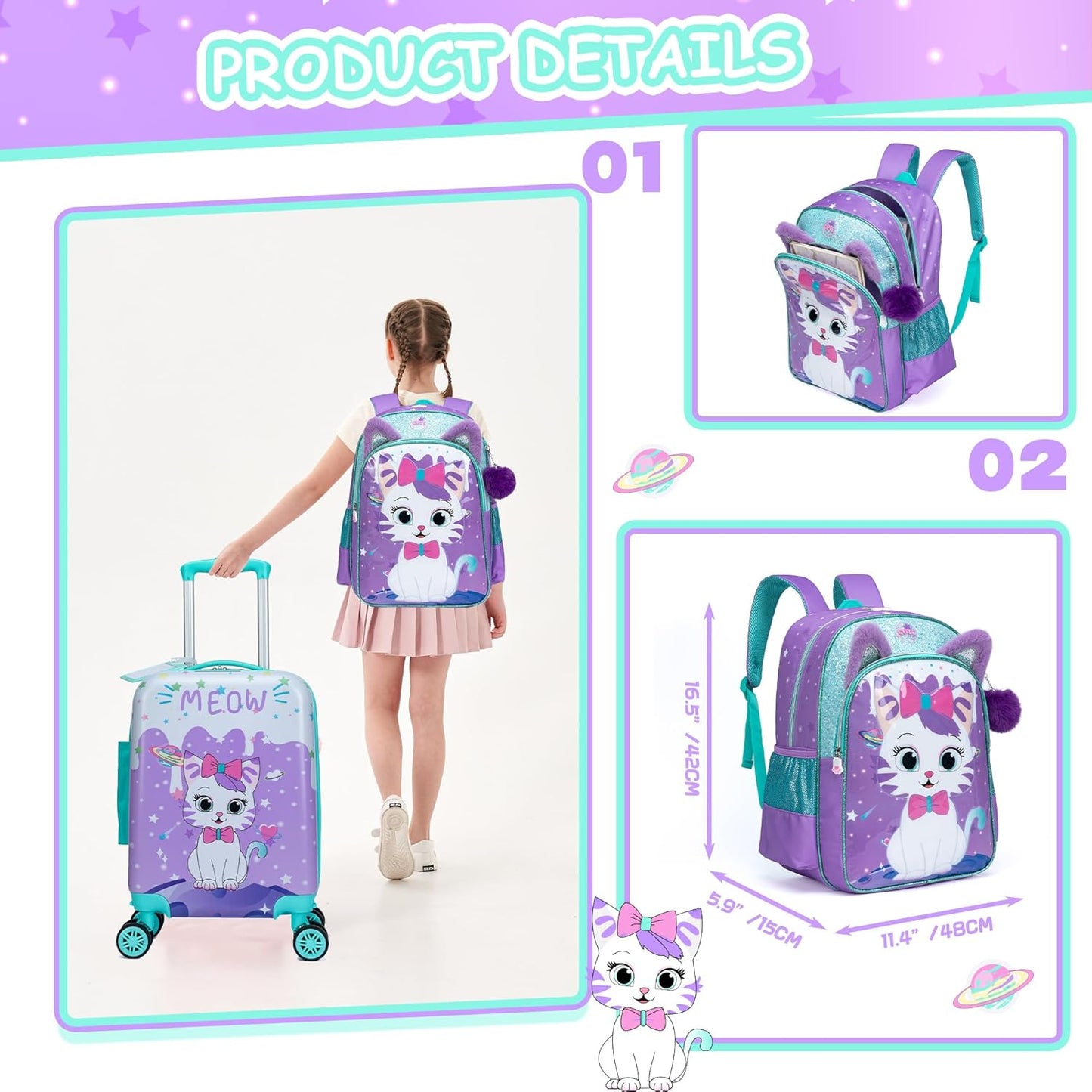 Cute Cat Kid’s Luggage Set 5 Piece Suitcase Set 16’’ Hardside Luggage with Spinner Wheels Girls Boys Carry on Toddler Luggage Travel Rolling Luggage Carry on Luggage Airline Approved