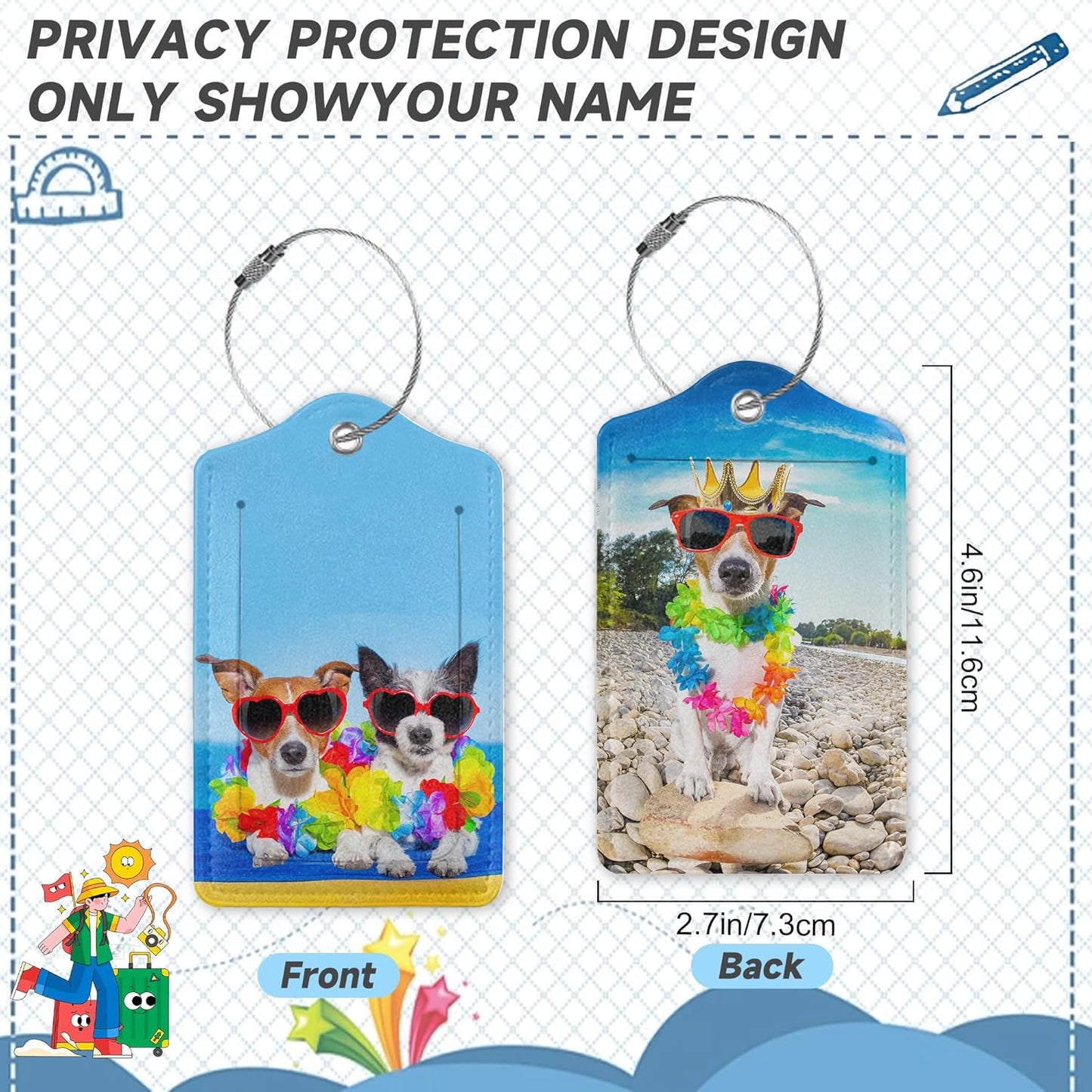 Dogs on Beach Luggage Tags for Suitcases,2 Pack Hawaii Luggage Tag,Leather Stainless Steel Loop Label Tag for Women Men Girls Travel Bag Suitcase