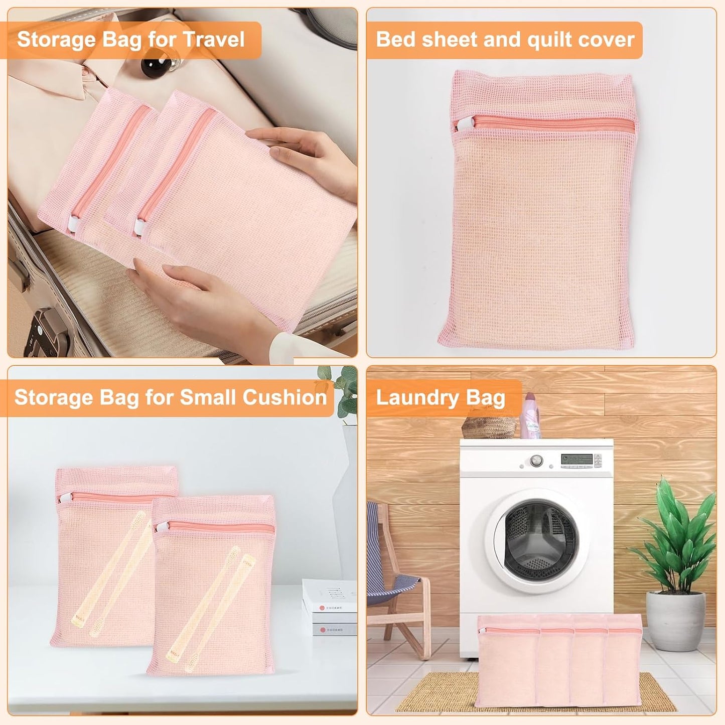 4 Piece Pink Small, Durable Organic Cotton Mesh Laundry Bag with Strong Zipper and Breathable Mesh, Delicate Laundry Bag for Underwear, Clothes, Pants and Socks