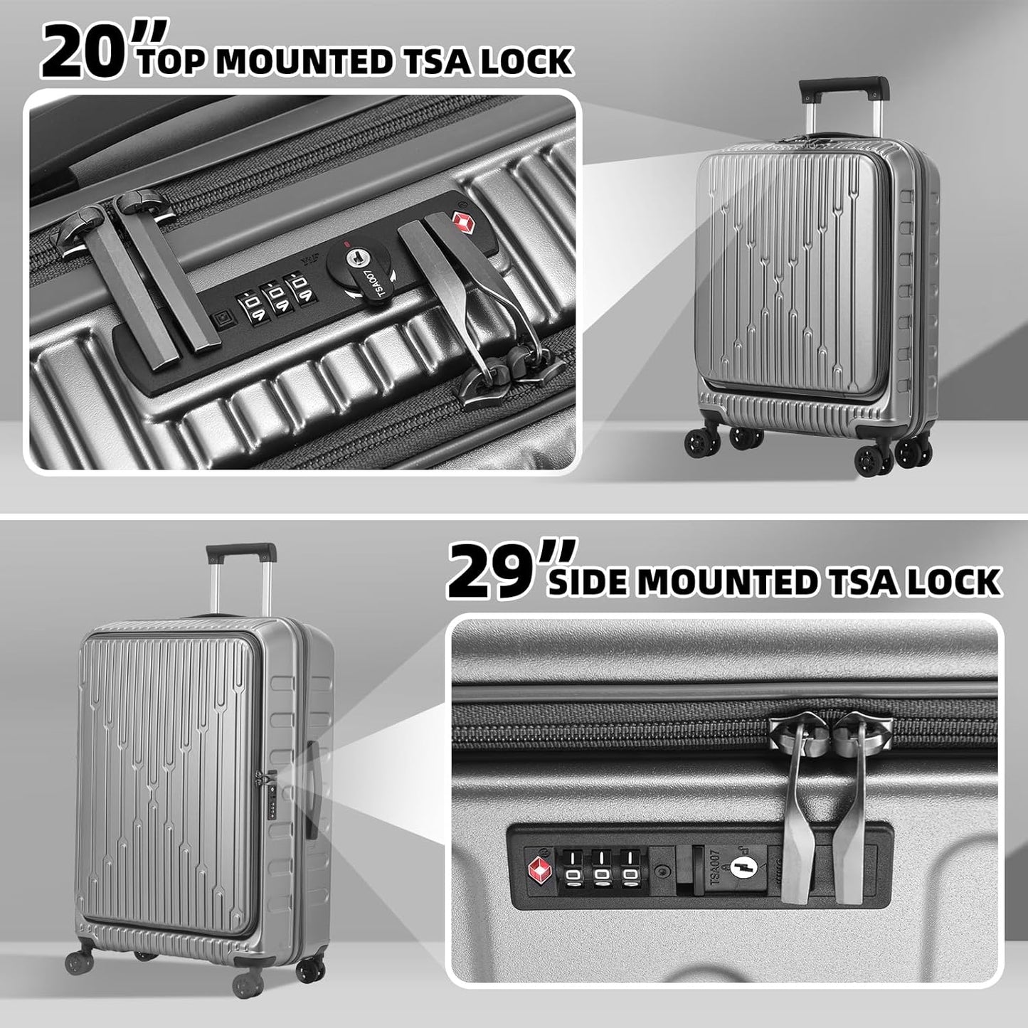 2 Pieces 20/29 Luggage Sets, 20 Inch Cabin Luggage with Front Pocket & 29 Inch Side Opening Suitcase, Ligthweight ABS+PC Hardshell, Gray