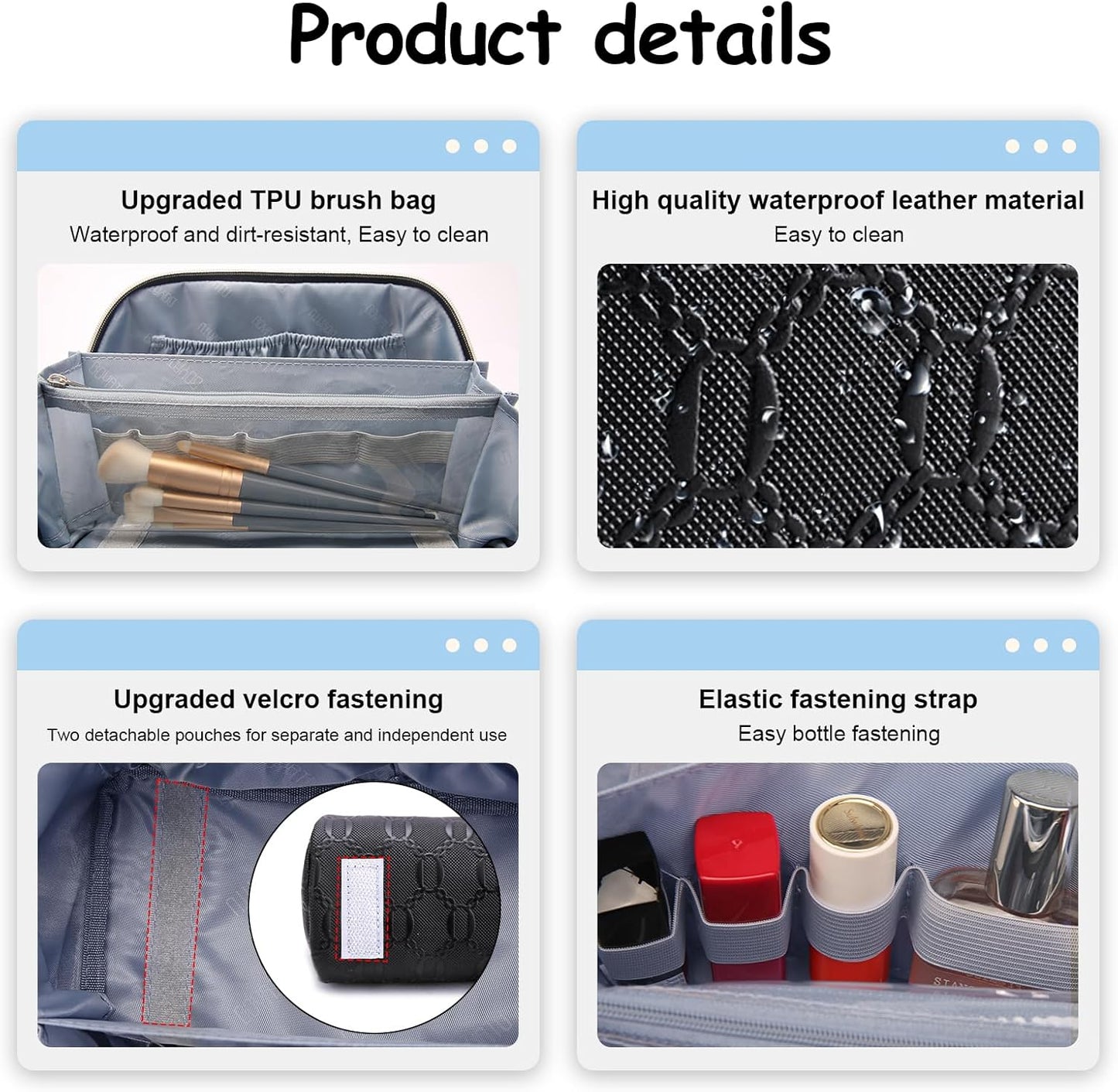 BOYATU Travel Makeup Bag for Women: Cosmetic Organizer Bag with Compartments - Leather Make up Bags Set of 3 (Black)