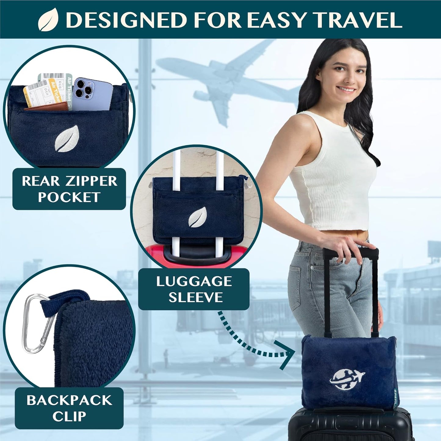 PAVILIA Travel Blanket and Pillow, Arms Opening Airplane Blankets for Adults, Compact Plane Blanket with Arm Hole 2-in-1 Bag for Flight Car Camping Fit in Luggage Backpack Traveler Gift, Navy Blue