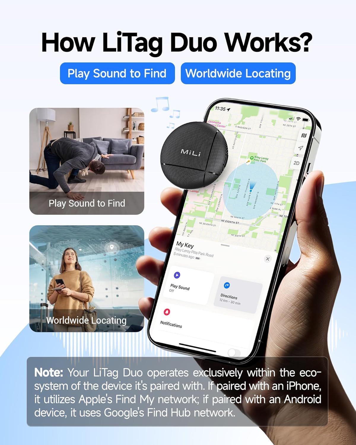 LiTag Duo - Dual System Tracker for iOS or Android, Bluetooth Tracking Tag/Key Finder/Luggage Tracker/Item Locator, Compatible with iOS Find My or Google Find Hub App (1 Pack)
