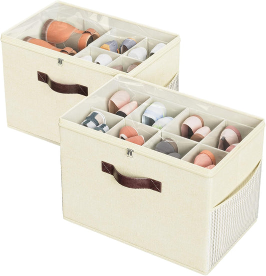 Budding Joy 2 Pack Shoe Organizer for Closet, Clear Foldable Shoe Storage Containers Adjustable Dividers Fits 16 Pairs,Shoe Storage Bins Baskets Boxes with Reinforced Handles Beige Yellow