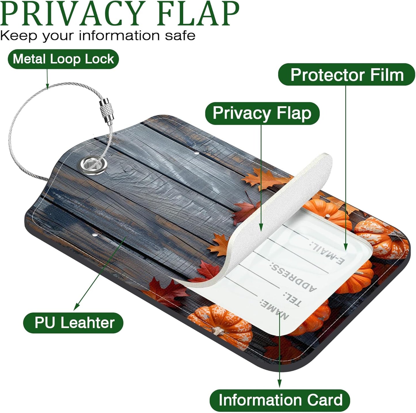 2 Pack Luggage Tag for Suitcase Thanksgiving Day Pumpkins Autumn Leaves Leather Suitcase Tags with Privacy Name ID Label and Stainless Steel Loop for Travel Bag