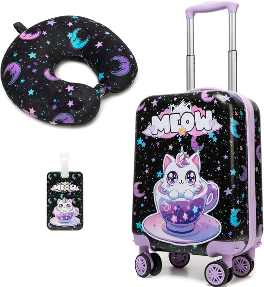 Cute Black Cat Kid's Luggage Set 2 Piece Suitcase Set 16" Hardside Luggage with Spinner Wheels Girls Carry on Toddler Travel Rolling Luggage Airline Approved
