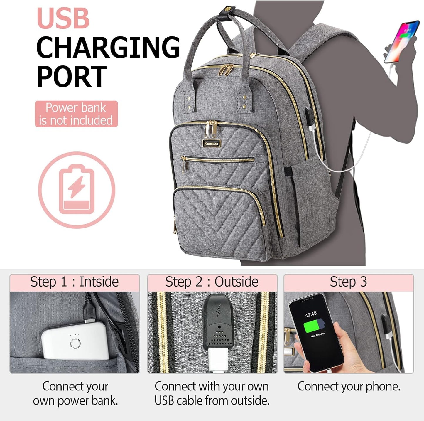 Laptop Backpack for Women Men, School Backpacks for Teens Girls Boys, 17.3 Inch Work Laptop Bag with USB Port Charging, Water Resistant College Bookbags for Girls, Grey
