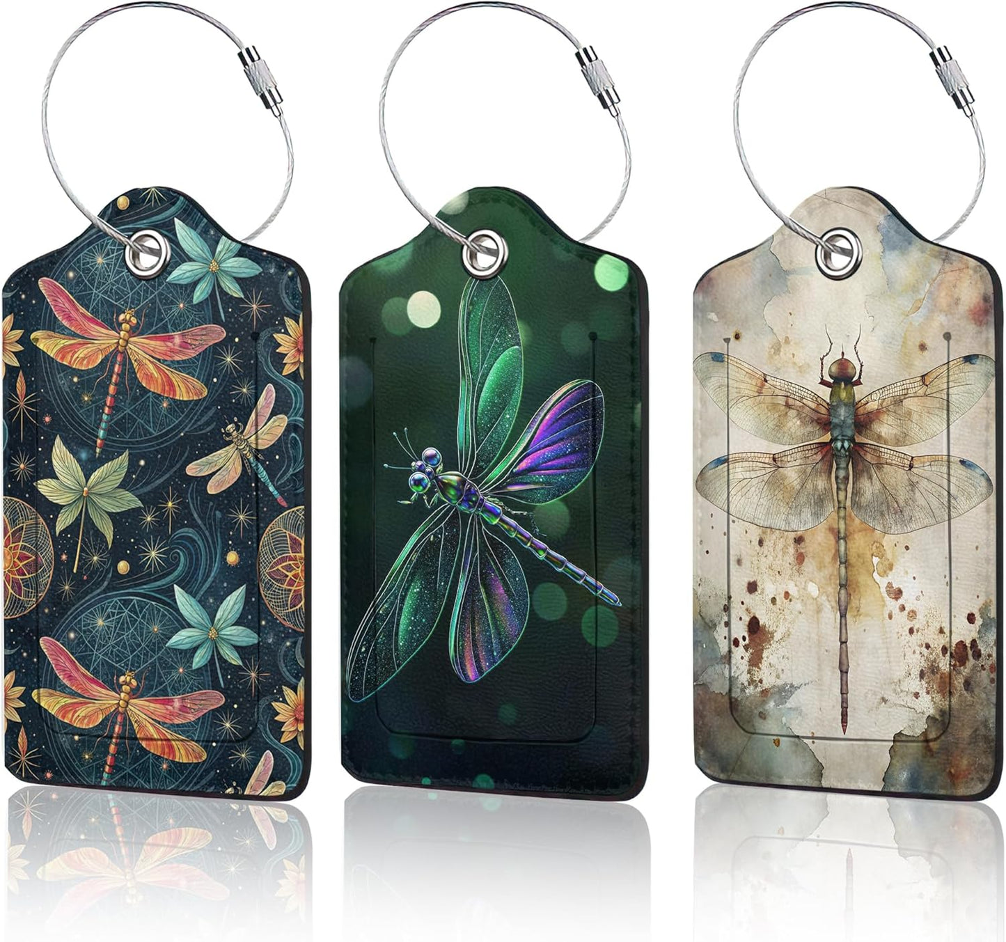 3 PCS Dragonfly Luggage Tags,Fantasy Dragonfly Suitcase Tags Privacy Cover ID Label with Stainless Steel Loop and Address Card for Travel Bag Suitcase